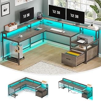 L Shaped Desk, 66" Home Office Desk with File Drawer and Power Outlet, Corner Computer Desk with Monitor Shelf, Printer Storage Shelves, Gaming Desk with Led Lights, Two Person Desk, Walnut