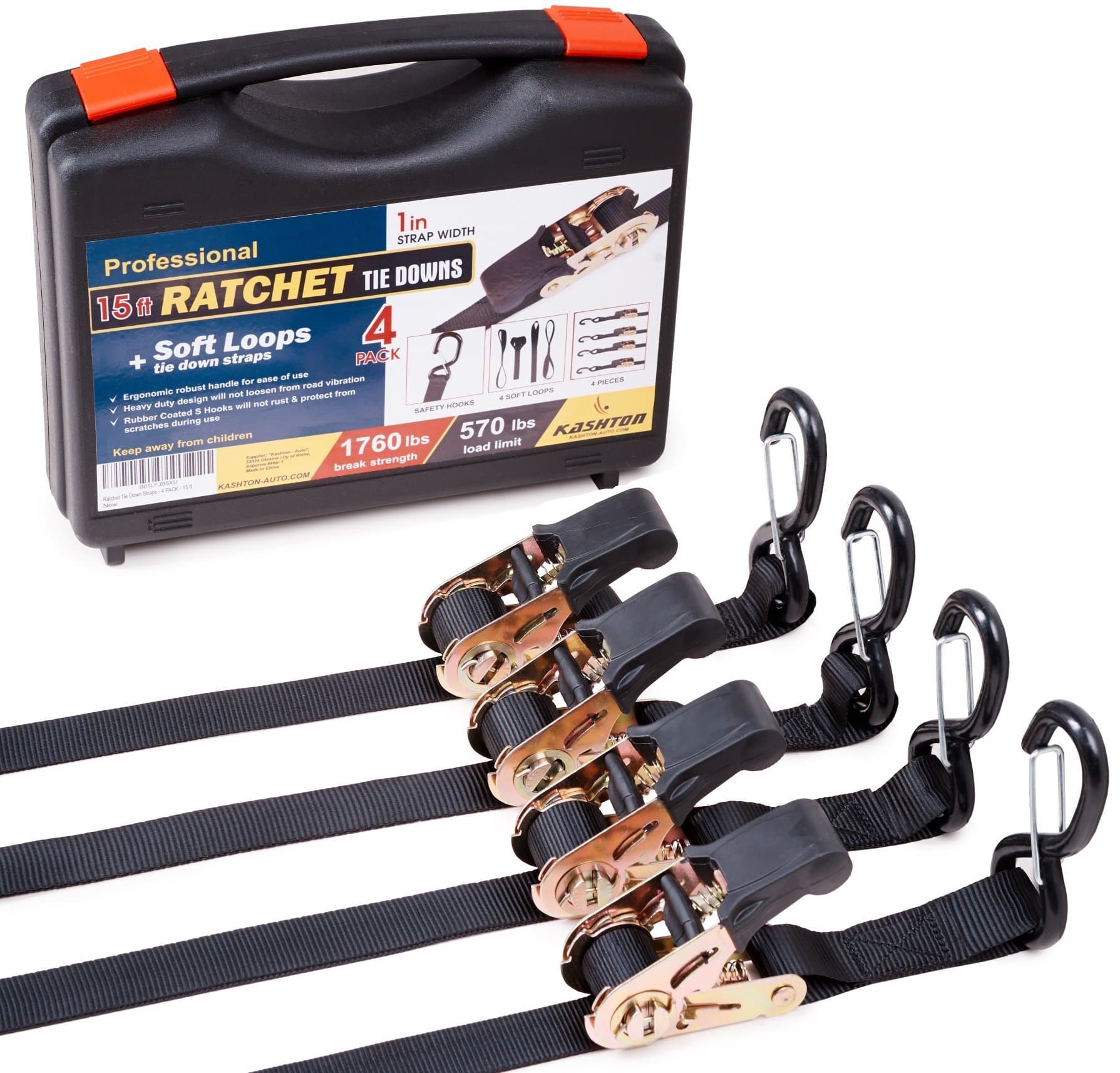 Heavy duty Ratchet Straps - Pro Set - 4 pack 15 ft 1760Lbs, Boat, ATV & Motorcycle Tie down straps, BONUS Soft loops – Cargo Straps for moving equipment, kayak etc. Great Truck & Trailer Accessories